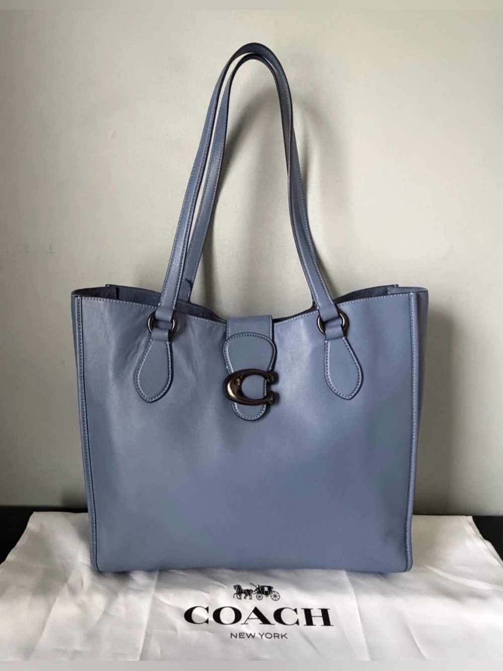 COACH Theo Canyon Tote Shoulder Bag Blue Washed Chambray Calf Leather/ Pewter